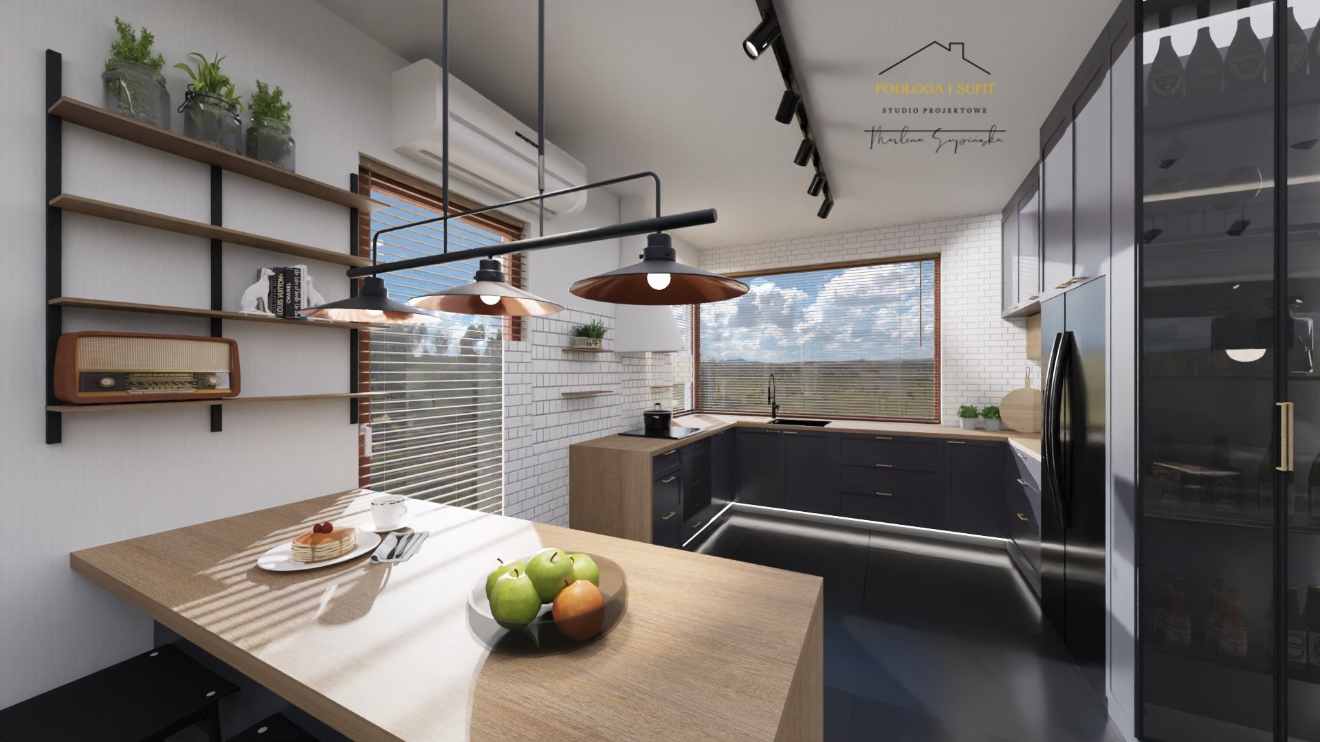 Wizualizacja kuchni z czarnymi szafkami i drewnianym blatem wyspowym, oświetlona lampami wiszącymi w stylu industrialnym. Na blacie owoce i ciastko, a w tle okno z widokiem na krajobraz.