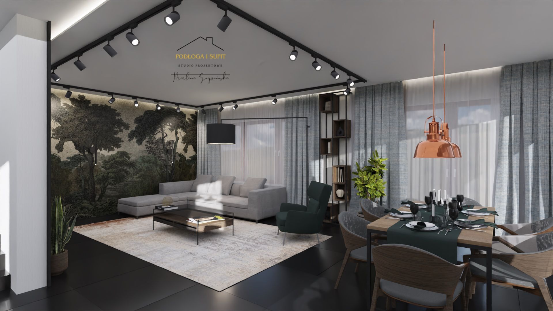 Wizualizacja salonu z aneksem jadalnym, czarna podłoga, tapeta z motywem leśnym, szara sofa narożna, stół jadalny z nakryciem, miedziana lampa wisząca, oświetlenie szynowe.