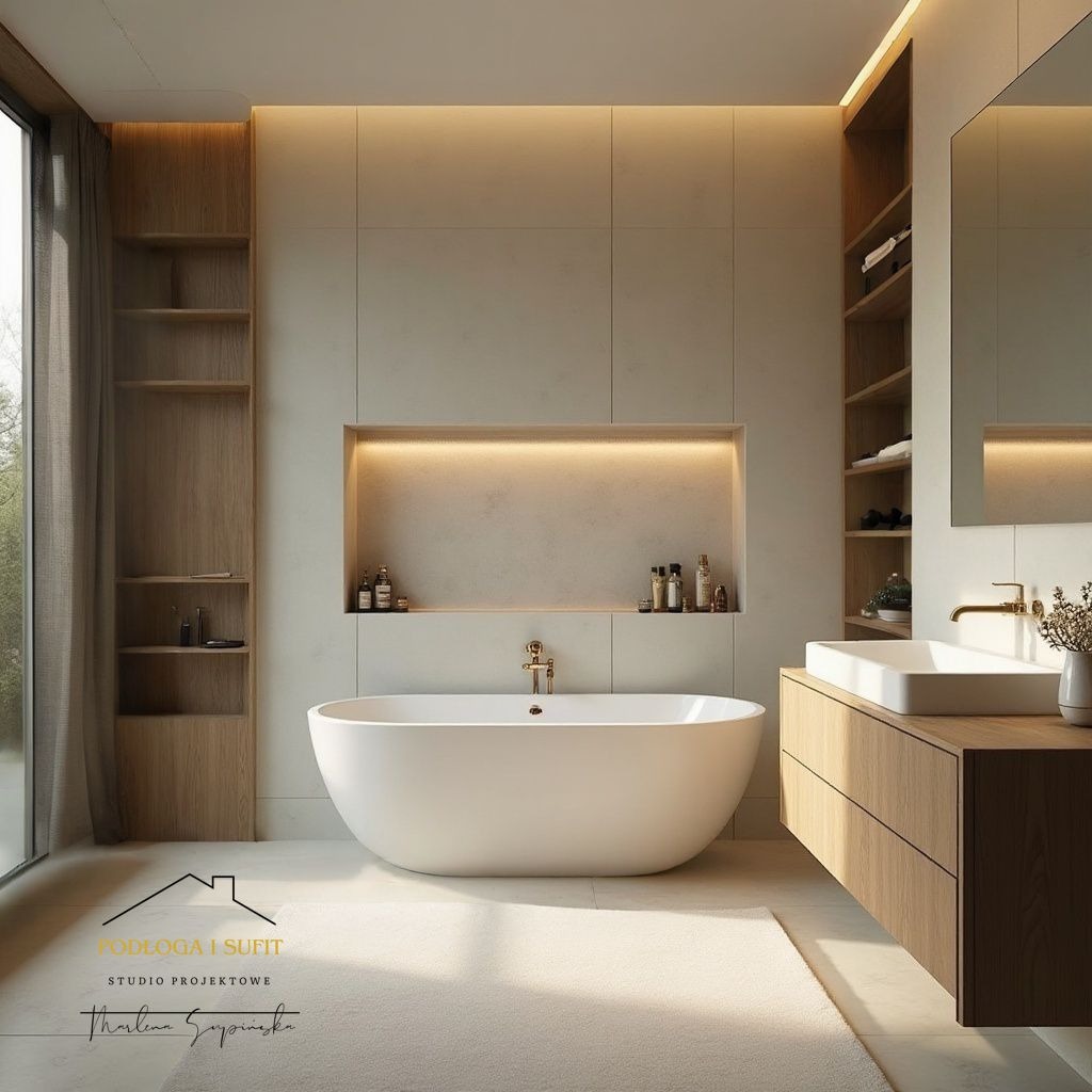Minimalistyczna łazienka z wolnostojącą wanną, podświetlaną wnęką i drewnianymi elementami. Duże okno z zasłoną wpuszcza naturalne światło.
