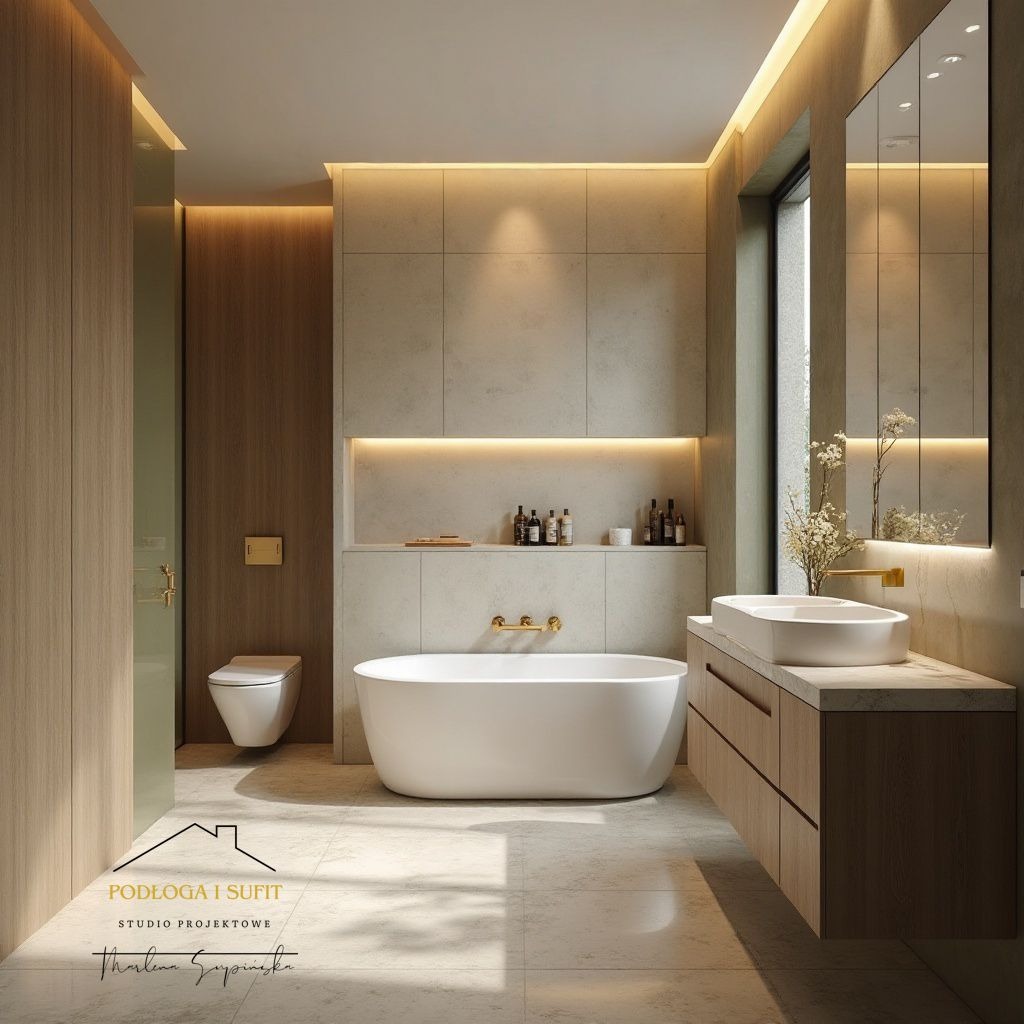 Elegancka łazienka w beżach z podświetleniem LED: wanna wolnostojąca, umywalka nablatowa, duże lustro. Minimalistyczny design, ciepłe światło. Widoczny fragment toalety.