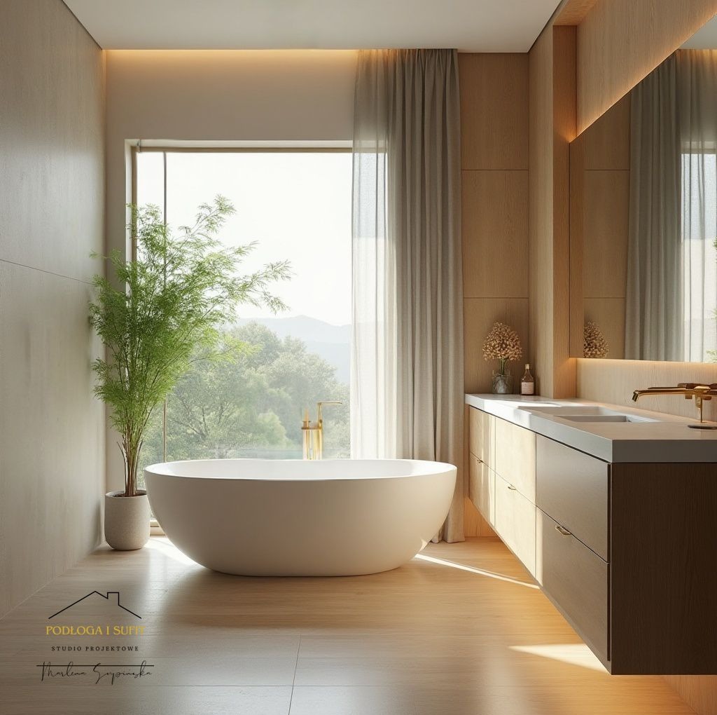 Jasna łazienka z wolnostojącą wanną przy oknie z widokiem na zieleń. Drewniane wykończenie, minimalistyczny design i naturalne światło tworzą relaksującą atmosferę.