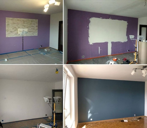 Czterokadrowa kompozycja przedstawia etapy zmiany koloru ścian w pokoju: przygotowanie z folią i taśmą, szpachlowanie fragmentu, pomalowana na biało ściana z oświetleniem budowlanym oraz gotowa...