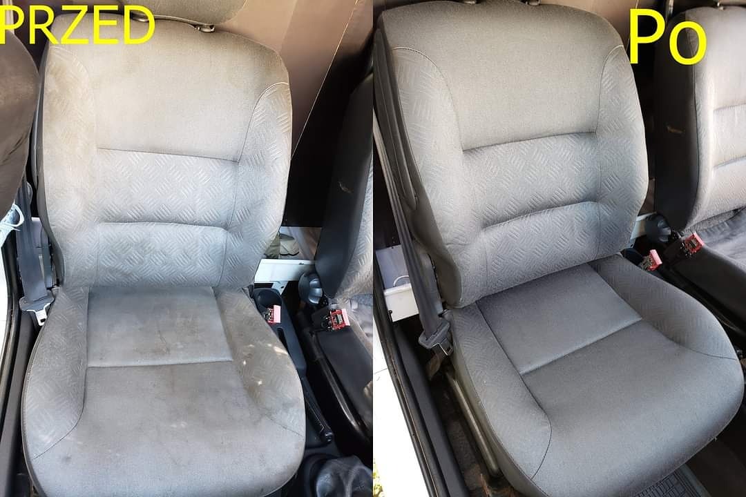 Tapicerka fotela samochodowego: porównanie stanu przed (zabrudzenia) i po czyszczeniu (odświeżony wygląd, brak plam).