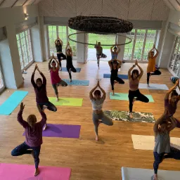 Grupowa sesja jogi w przestronnym, jasnym wnętrzu z dużymi oknami; uczestnicy w pozycji drzewa na kolorowych matach.