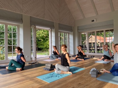 Grupa kobiet ćwiczy jogę w jasnym, przestronnym pomieszczeniu z dużymi oknami wychodzącymi na zieleń. Uczestniczki siedzą na matach w skręconych pozycjach, z dłońmi splecionymi za plecami.