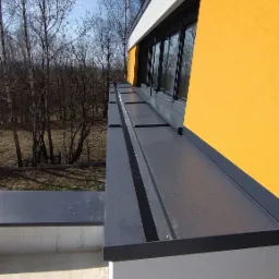 Fragment elewacji budynku z żółtą ścianą i czarnymi ramami okiennymi, widok z góry na metalowy parapet i surowy tynk na dole, w tle drzewa bez liści.