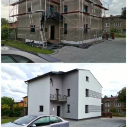 Porównanie elewacji domu przed i po remoncie: od szarej, surowej z rusztowaniami, do jasnej, odnowionej z ozdobnymi pasami, widok z poziomu kostki brukowej.
