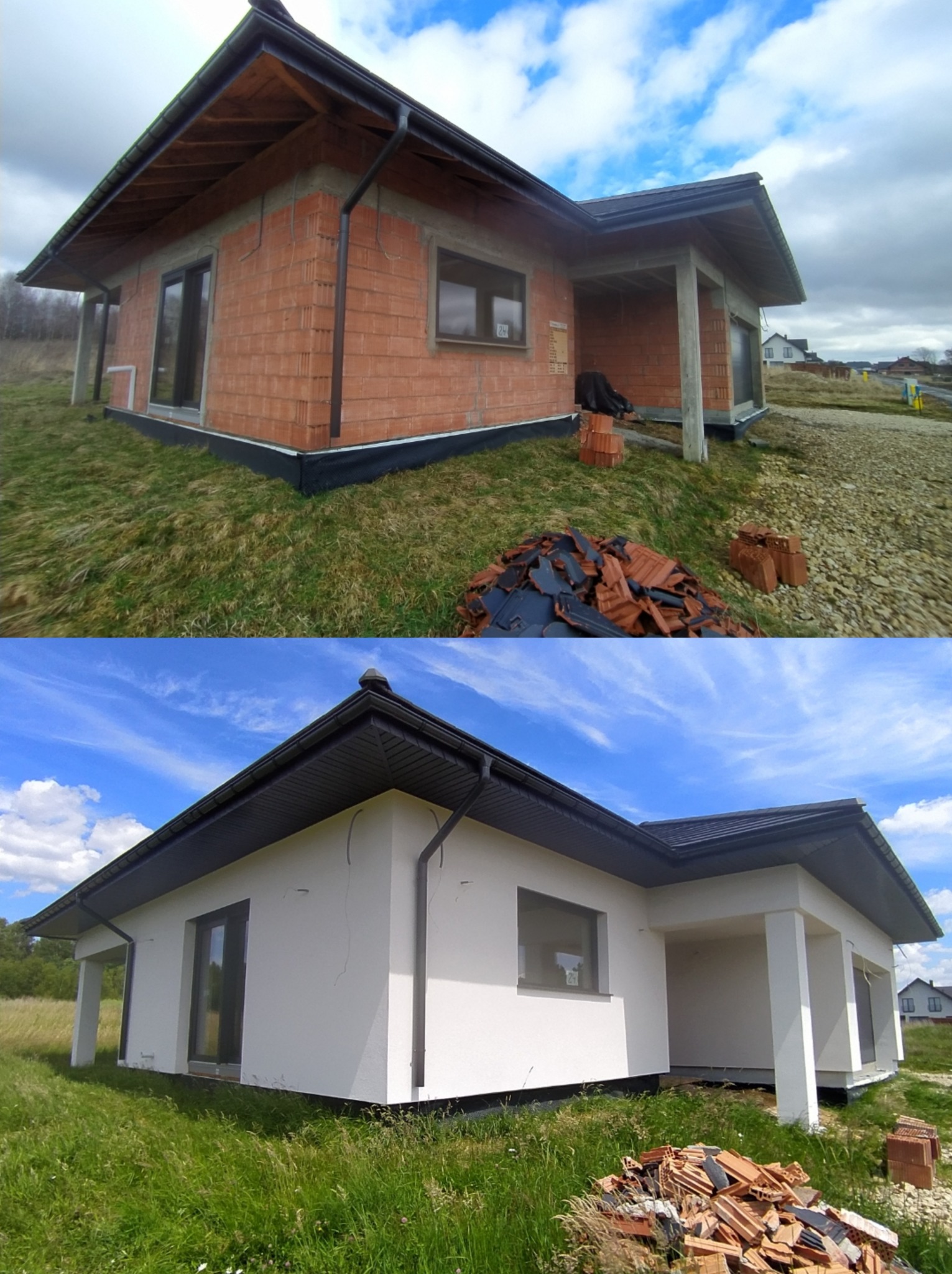 Porównanie stanu surowego i wykończonego domu jednorodzinnego z płaskim dachem, widoczne zmiany w elewacji od czerwonej cegły do białego tynku, z stertą potłuczonych dachówek przed budynkiem.