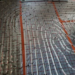 Rozłożone rury ogrzewania podłogowego na folii z siatką, zamocowane czarnymi uchwytami, widoczne pomarańczowe linie wyznaczające strefy.