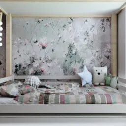 Pokój dziecięcy z łóżkiem piętrowym, drabinką z lampkami, tapetą w kwiaty i regałem na książki.