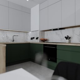 ARCHITEA. Pure Design Joanna Pura - Wizualizacja nowoczesnej kuchni z zielonymi szafkami dolnymi i białymi górnymi, marmurowym backsplashiem oraz drewnianym blatem; widoczne akcesoria kuchenne i owoce w misce.