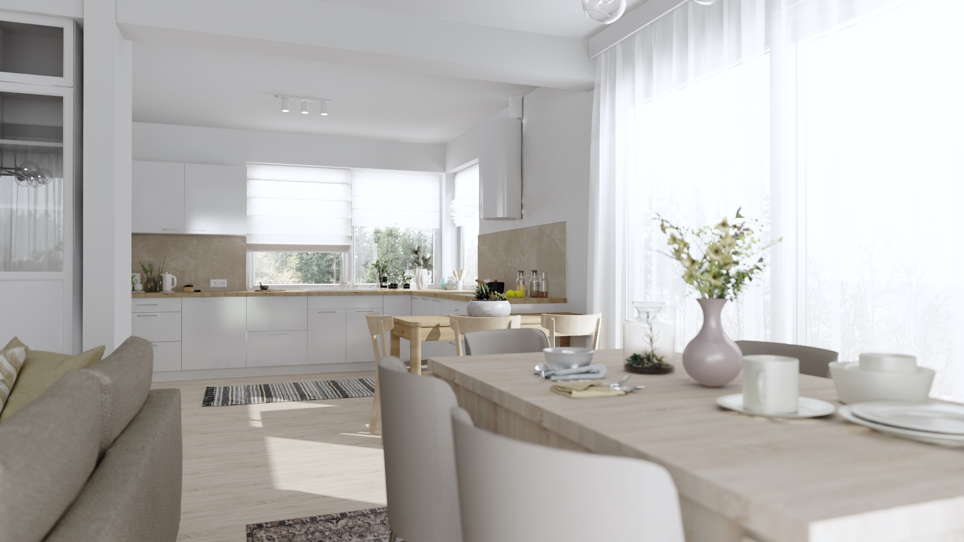 Jasna, nowoczesna kuchnia z jadalnią w stylu skandynawskim; białe meble kuchenne, drewniany blat, stół z nakryciem i wazonem z kwiatami, dywanik w paski, widok z salonu.