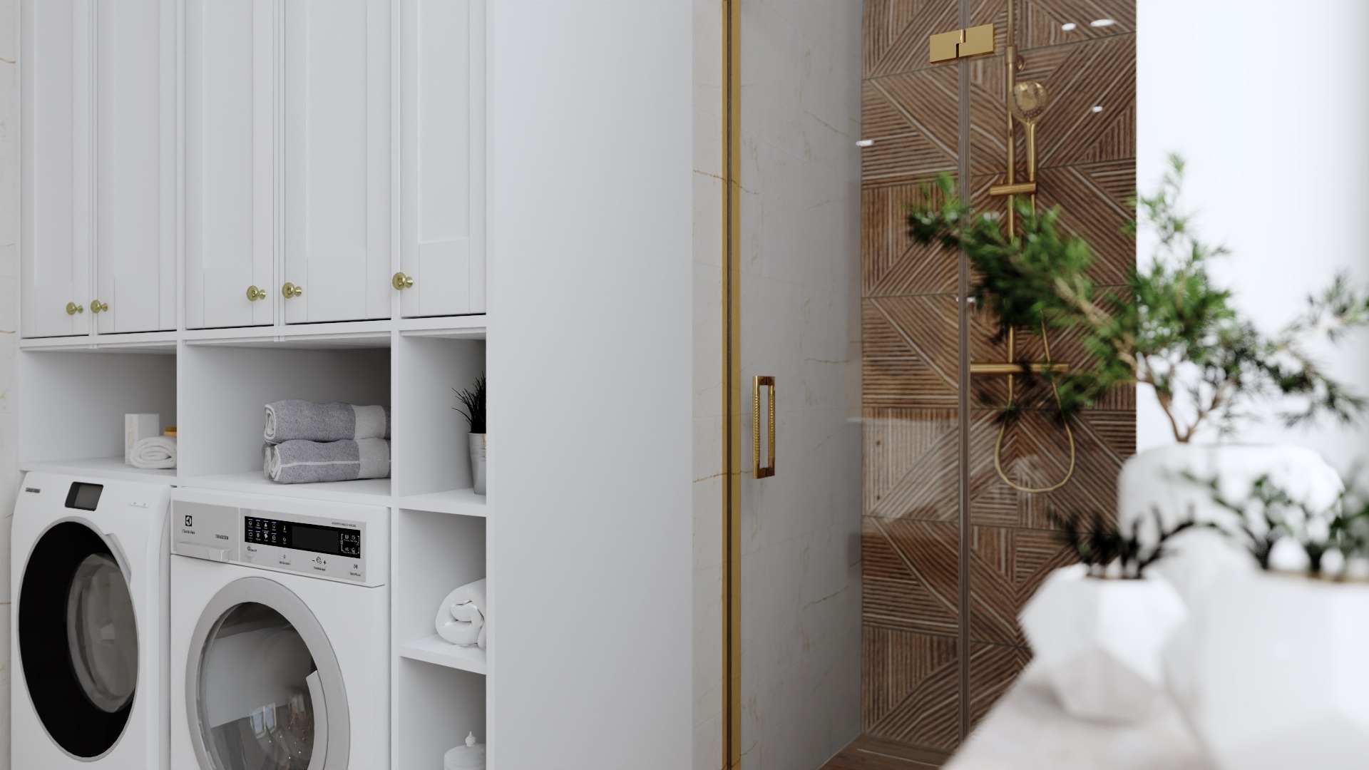 Nowoczesna łazienka z pralką i suszarką w zabudowie, kabina prysznicowa z geometrycznym wzorem na ścianie i złotymi detalami, minimalistyczne rośliny w białych doniczkach.