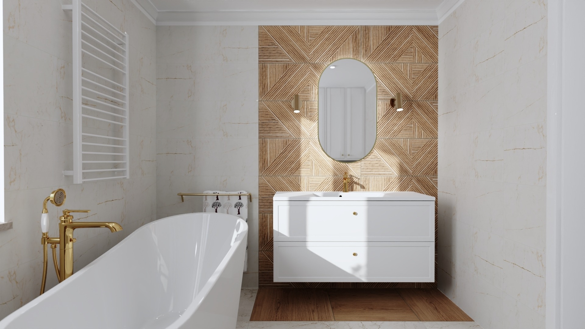 Nowoczesna łazienka z białą wanną, złotą armaturą i umywalką z szafką na tle ściany z geometrycznym wzorem z drewna.