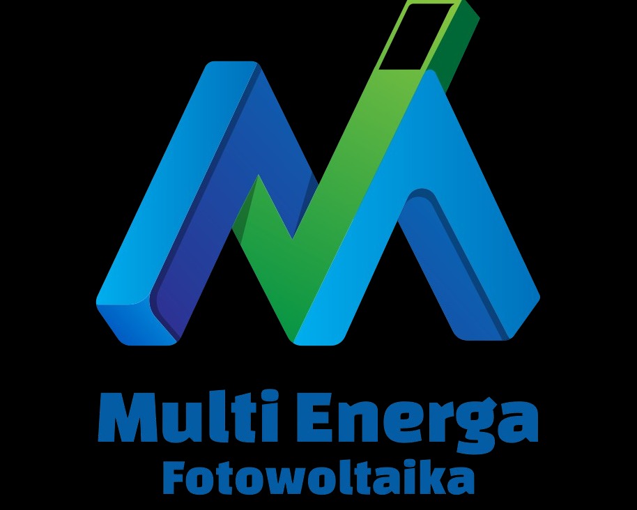 Logo firmy Multi Energa Fotowoltaika z abstrakcyjnym symbolem w kolorach niebieskim i zielonym na czarnym tle.