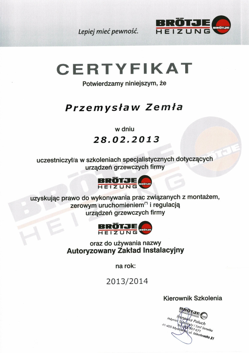 Skan certyfikatu Przemysława Zemły potwierdzającego uczestnictwo w szkoleniu specjalistycznym dotyczącym urządzeń grzewczych firmy Brötje Heizung, uprawniającego do montażu, uruchomienia...