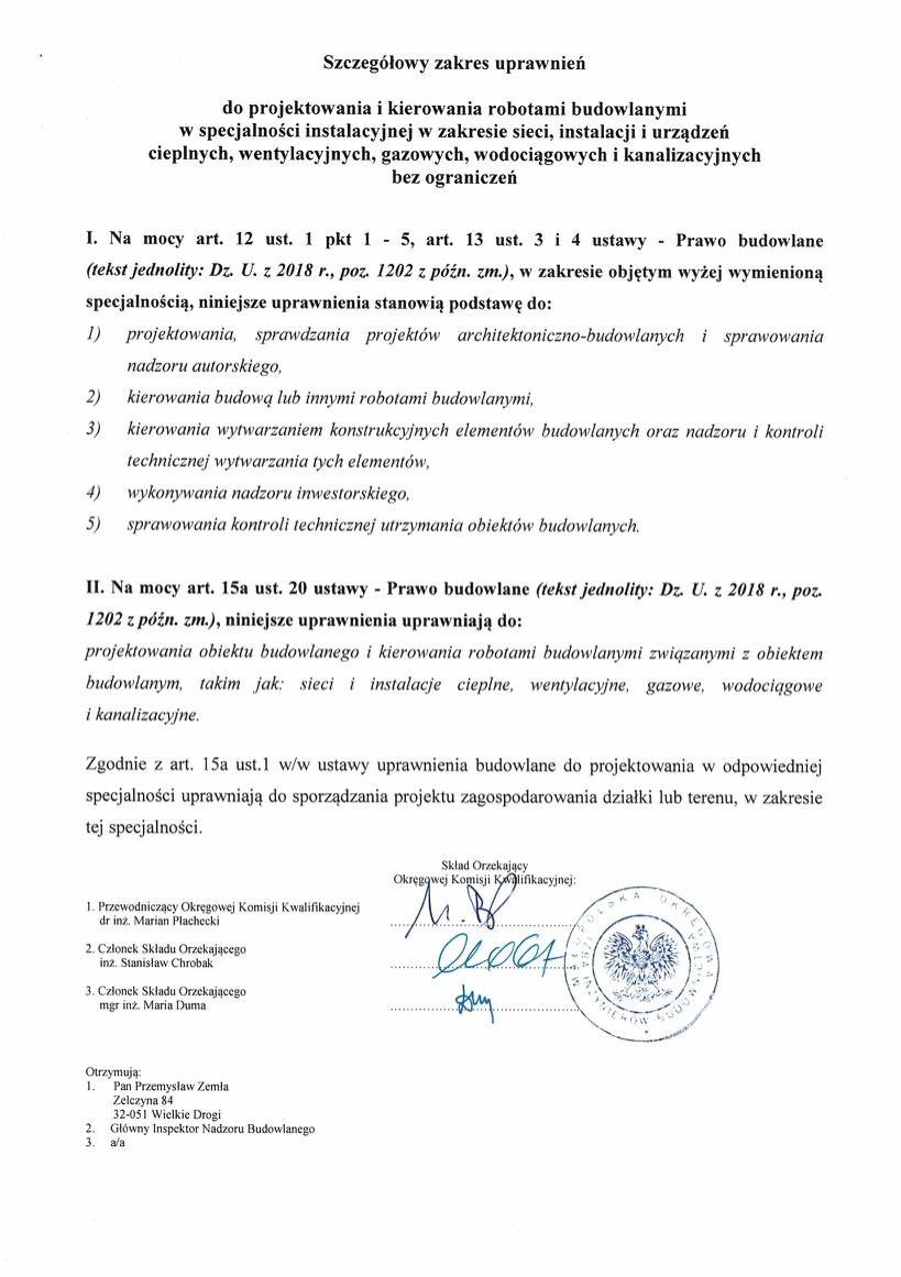Skan dokumentu z zakresem uprawnień do projektowania i kierowania robotami budowlanymi w zakresie instalacji cieplnych, wentylacyjnych, gazowych, wodociągowych i kanalizacyjnych, z podpisami...