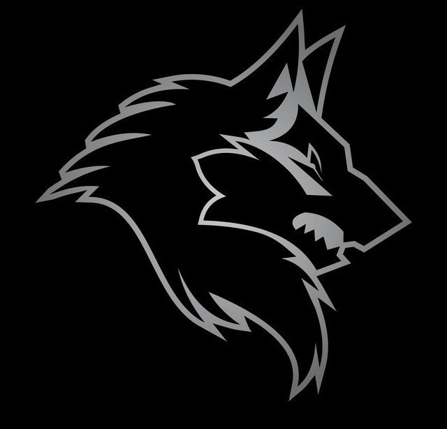 Stylizowany, srebrny profil głowy wilka z otwartym pyskiem i widocznymi zębami na czarnym tle, przypominający logo firmy.