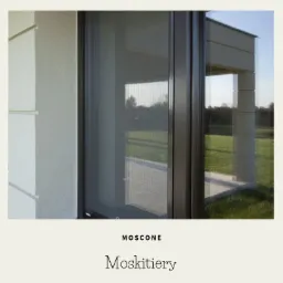 Zamontowana moskitiera w oknie nowoczesnego domu z widokiem na ogród, ciemna rama okienna.