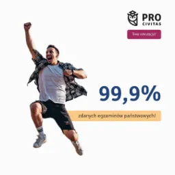 Uśmiechnięty mężczyzna w locie, z uniesioną pięścią, świętuje sukces na tle reklamy z logo Pro Civitas i informacją o 99,9% zdanych egzaminach państwowych.