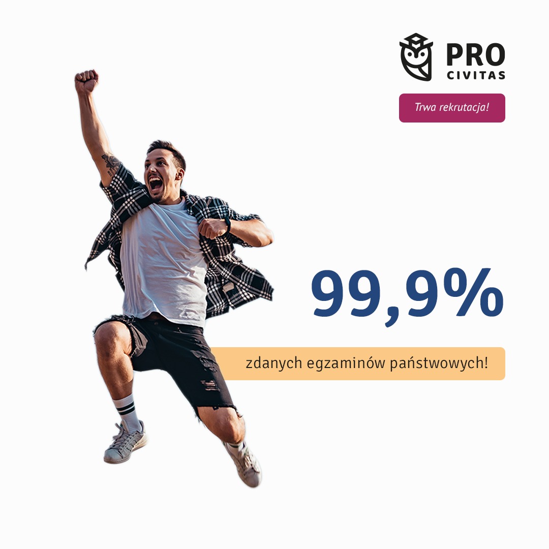 Uśmiechnięty mężczyzna w locie, z uniesioną pięścią, świętuje sukces na tle reklamy z logo Pro Civitas i informacją o 99,9% zdanych egzaminach państwowych.