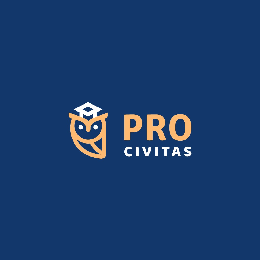 Minimalistyczne logo z konturem sowy z czapką absolwenta, obok napis 'PRO CIVITAS' na ciemnoniebieskim tle.