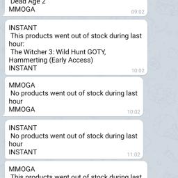 Wiadomości na telegrama z raportem bota monitorującego stock na zadanych portalach.