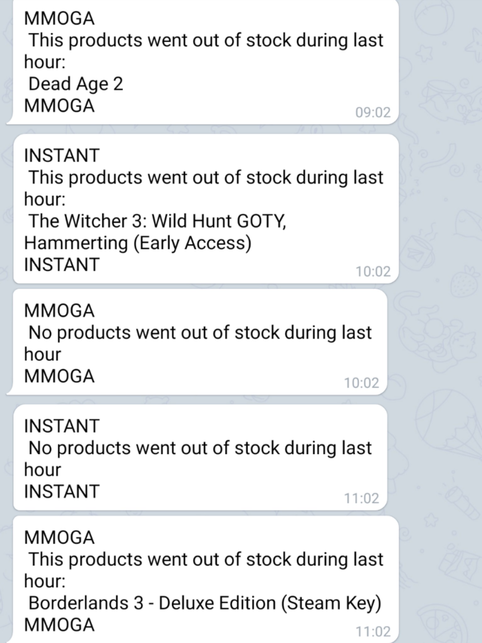 Wiadomości na telegrama z raportem bota monitorującego stock na zadanych portalach.