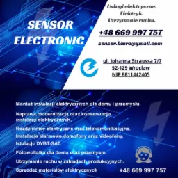 Grafika reklamowa firmy elektrycznej Sensor Electronic z Wrocławia, oferującej montaż i naprawę instalacji elektrycznych, domofonów, systemów alarmowych, fotowoltaiki oraz utrzymanie ruchu...