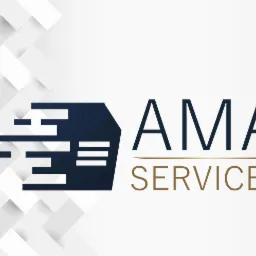 Logo firmy AMA Services z abstrakcyjnym symbolem po lewej stronie i napisem 'AMA' nad 'SERVICES' na białym tle z geometrycznym wzorem w lewym g&oacute;rnym rogu.