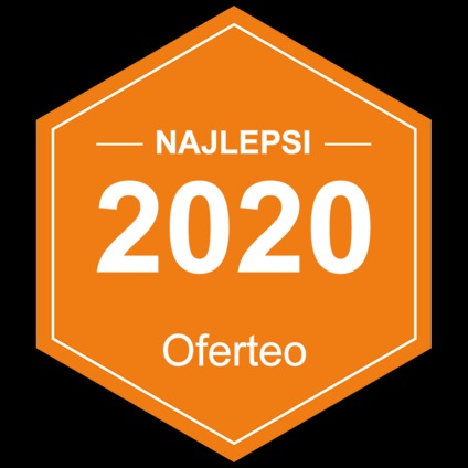 Pomarańczowa plakietka Oferteo z napisem 'Najlepsi 2020' na czarnym tle.