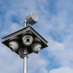 Cztery kamery monitoringu kopułkowe i głośnik tubowy zamontowane na metalowej platformie na słupie, na tle błękitnego nieba z chmurami.