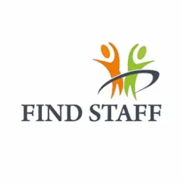 Logo firmy z dwoma stylizowanymi postaciami w kolorach pomarańczowym i zielonym, z napisem 'FIND STAFF' poniżej.