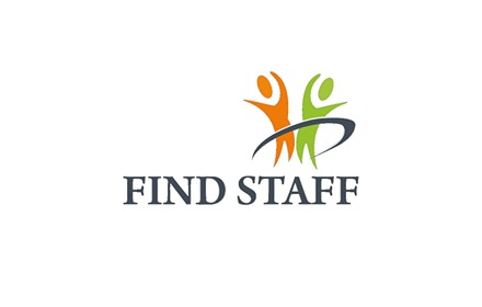 Logo firmy z dwoma stylizowanymi postaciami w kolorach pomarańczowym i zielonym, z napisem 'FIND STAFF' poniżej.