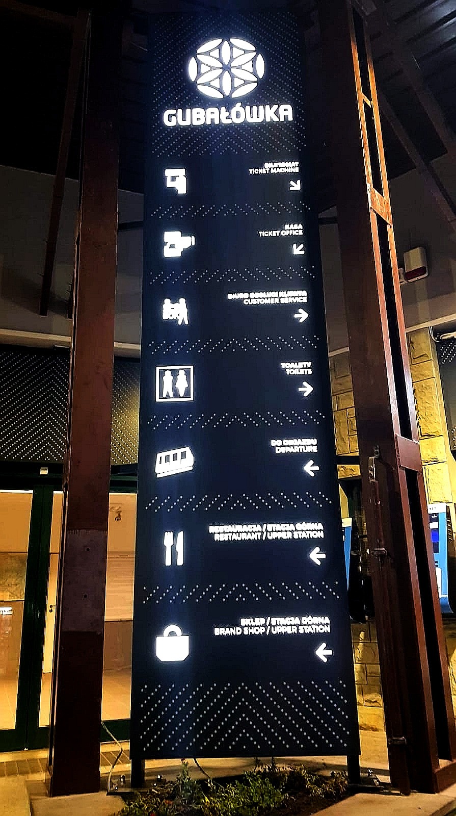 Czarny pylon informacyjny z białymi piktogramami i napisami wskazujący kierunki do kasy, toalet, restauracji i sklepu na Gubałówce.