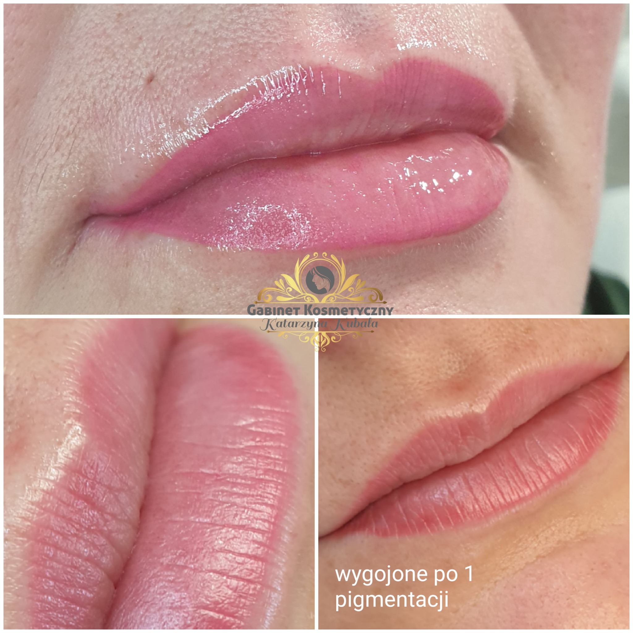 Zbliżenie na usta kobiety po zabiegu pigmentacji, widoczne trzy ujęcia: całe usta z delikatnym błyszczeniem i logo gabinetu, oraz dwa detale pokazujące strukturę skóry i efekt zabiegu z opisem...