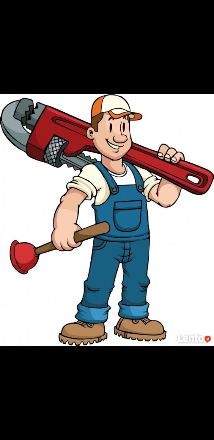 Karykatura uśmiechniętego mężczyzny w kombinezonie, z kluczem nastawnym na ramieniu i przepychaczem w dłoni.