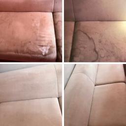 Perfekcyjne Pranie - Czteropanelowe porównanie kanapy przed i po praniu, z widocznymi plamami i przebarwieniami na dwóch górnych zdjęciach oraz czystą, jednolitą powierzchnią na dwóch dolnych.