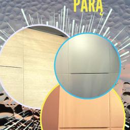 Perfekcyjne Pranie - Grafika z napisem 'CZYSZCZENIE PARĄ' i trzema okręgami prezentującymi fragmenty płytek w różnych kolorach: beżowym, szarym i brzoskwiniowym.