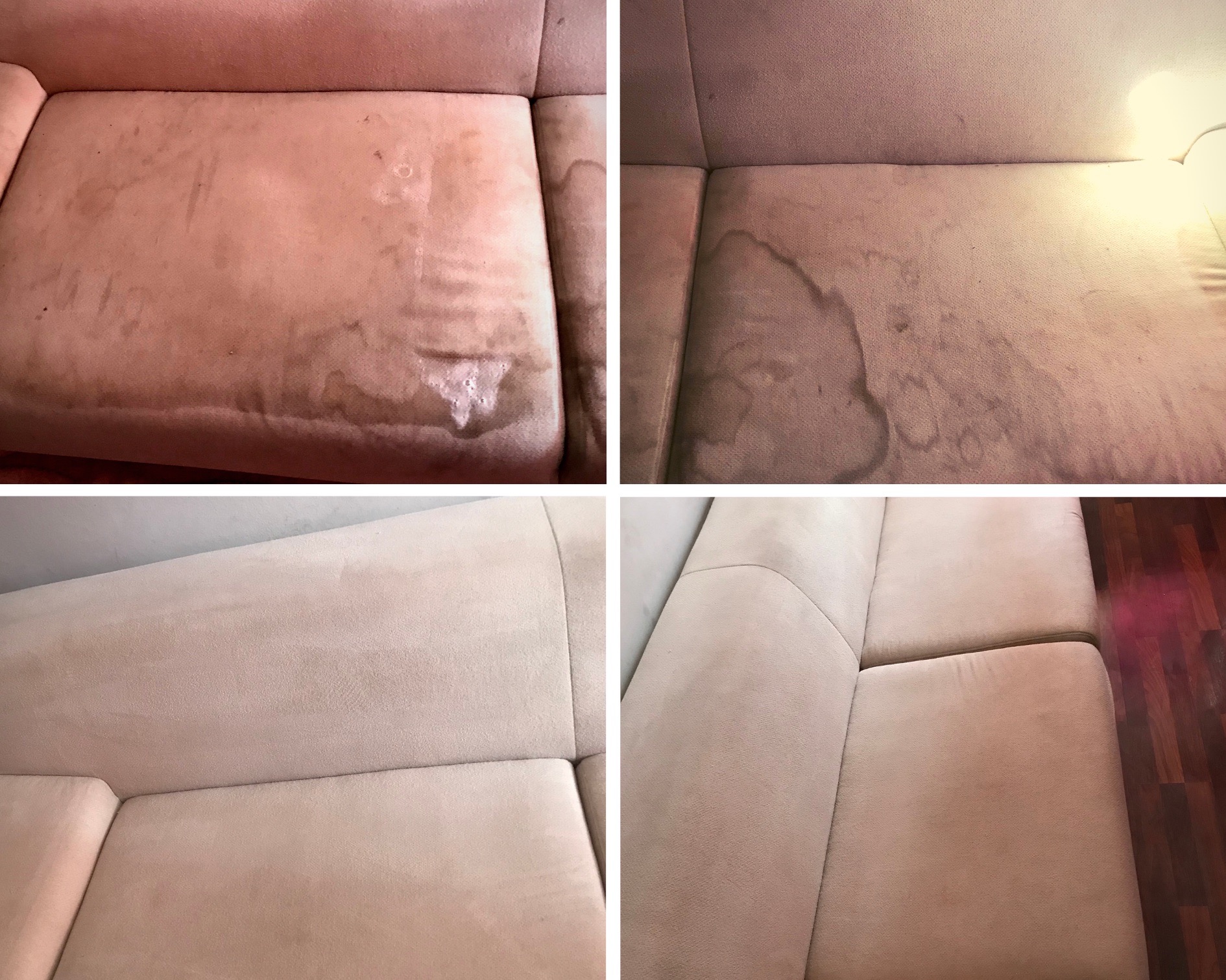 Czteropanelowe porównanie kanapy przed i po praniu, z widocznymi plamami i przebarwieniami na dwóch górnych zdjęciach oraz czystą, jednolitą powierzchnią na dwóch dolnych.