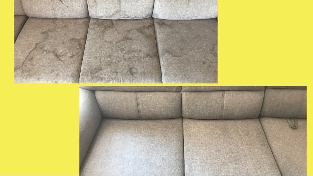 Porównanie fragmentu szarej sofy przed i po czyszczeniu, ukazujące wyraźną różnicę w wyglądzie tapicerki.