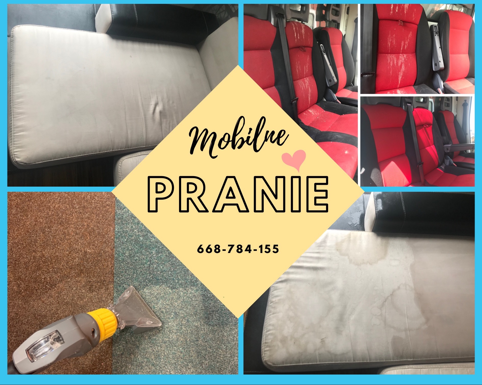 Kolaż zdjęć prezentujący proces czyszczenia tapicerki meblowej i samochodowej, z widocznym efektem przed i po, oraz dyszą odkurzacza piorącego na tle dywanu.