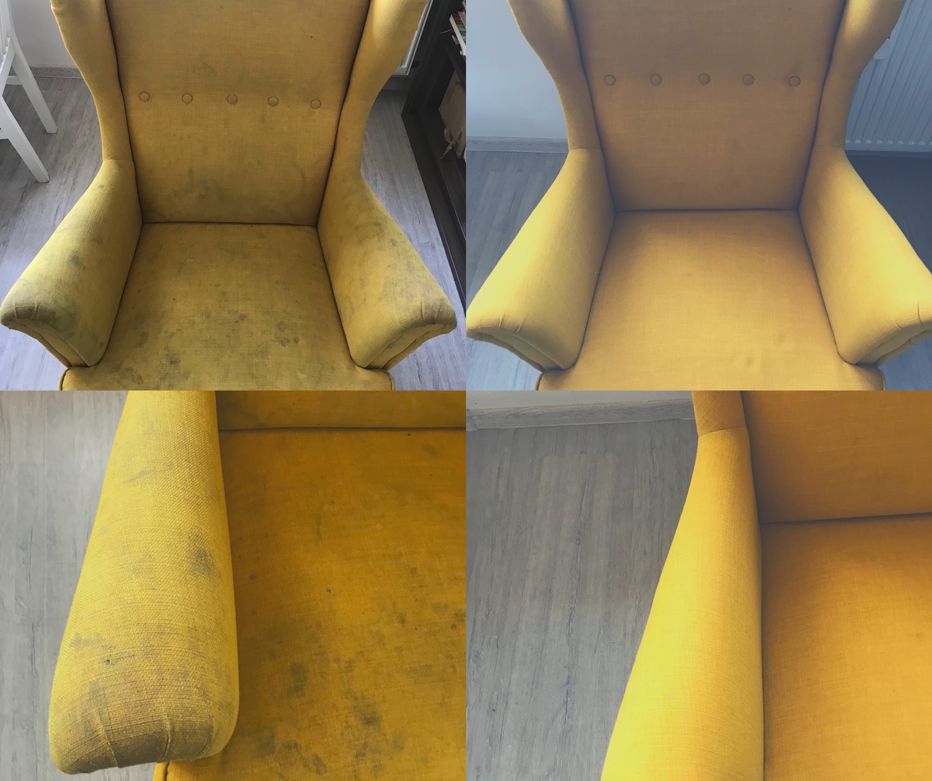 Żółty fotel typu uszak przed i po czyszczeniu, widoczne wyraźne różnice w czystości tapicerki na poszczególnych fragmentach.