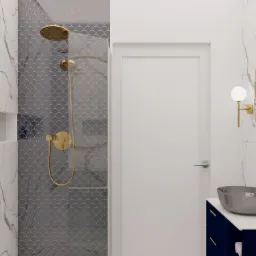 Wizualizacja nowoczesnej łazienki w Lublinie z kabiną prysznicową wyłożoną szarymi płytkami w kształcie rybiej łuski, złotą armaturą, umywalką w odcieniach szarości i szafką w kolorze granatowym.