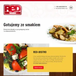 Projekt strony internetowej restauracji Red Bistro z trzema zdjęciami potraw: sałatki, obiadu z ziemniakami i kotletem oraz logotypem w lewym górnym rogu.