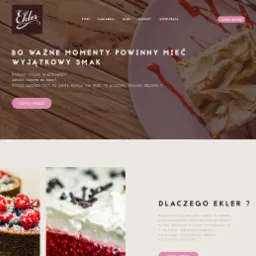 Strona internetowa cukierni Ekler z drewnianym tłem, prezentująca ciasto na talerzu i mini torty w dolnej części.