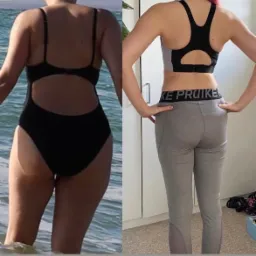 Porównanie sylwetki kobiety przed i po treningu: po lewej w czarnym kostiumie kąpielowym na tle morza, po prawej w sportowym topie i legginsach w pomieszczeniu.