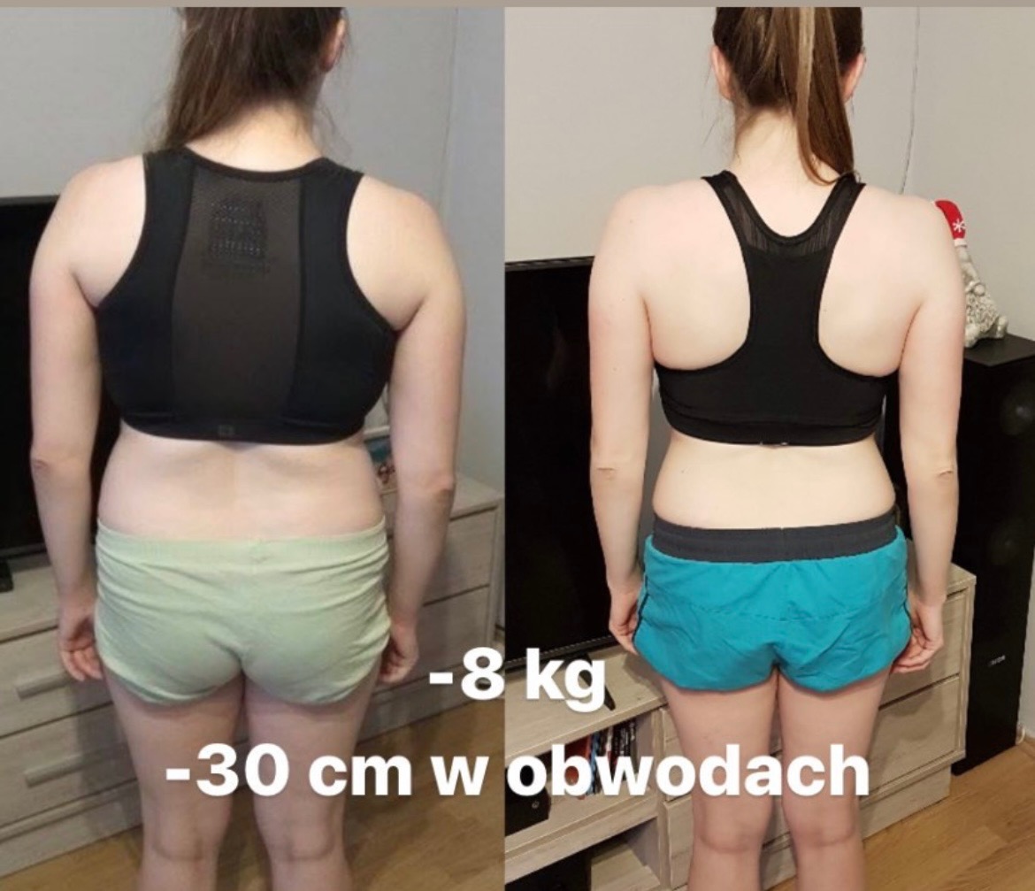 Zdjęcie 'przed i po' prezentujące efekt utraty wagi: po lewej stronie sylwetka przed kuracją, po prawej - po kuracji, z widocznym napisem informującym o redukcji wagi o 8 kg i obwodu o 30 cm.