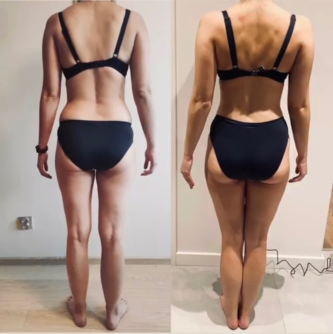 Kobieta w bieliźnie, widok z tyłu, porównanie sylwetki przed i po, widoczna różnica w kształcie ciała.