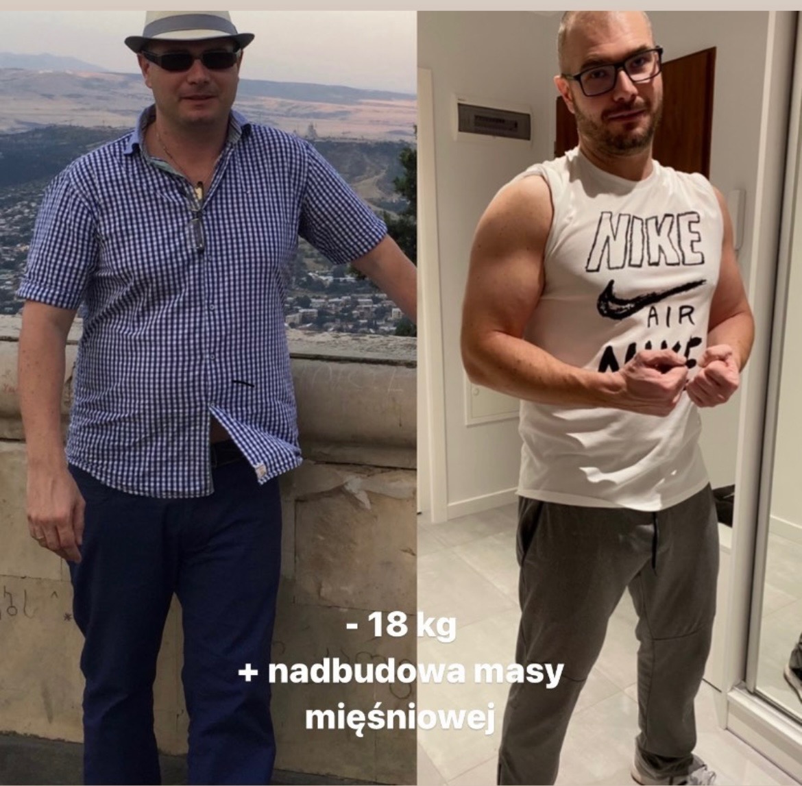 Mężczyzna przed i po metamorfozie sylwetki, widoczna utrata wagi i przyrost masy mięśniowej.